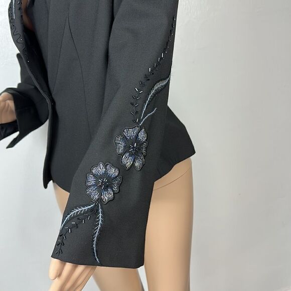 Cache Black Floral Beaded Embroidered Single Button Closure Blazer Jacket Sz 12 - Picture 3 of 11